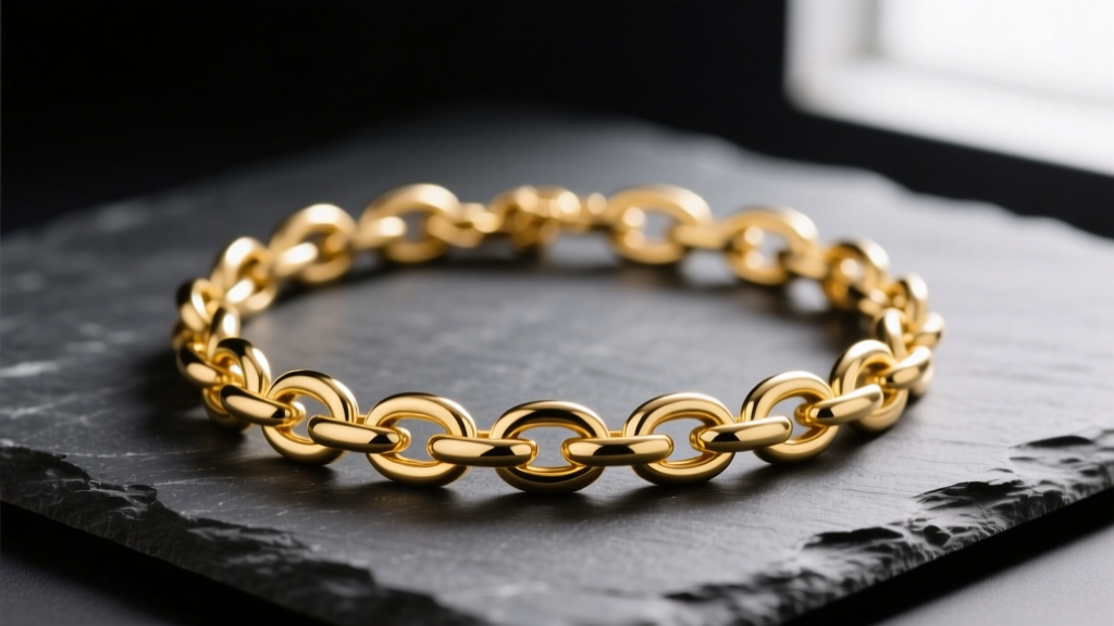 Macro shot of a 14k yellow gold banana link necklace on dark slate, highlighting elongated curved cylindrical links in soft light