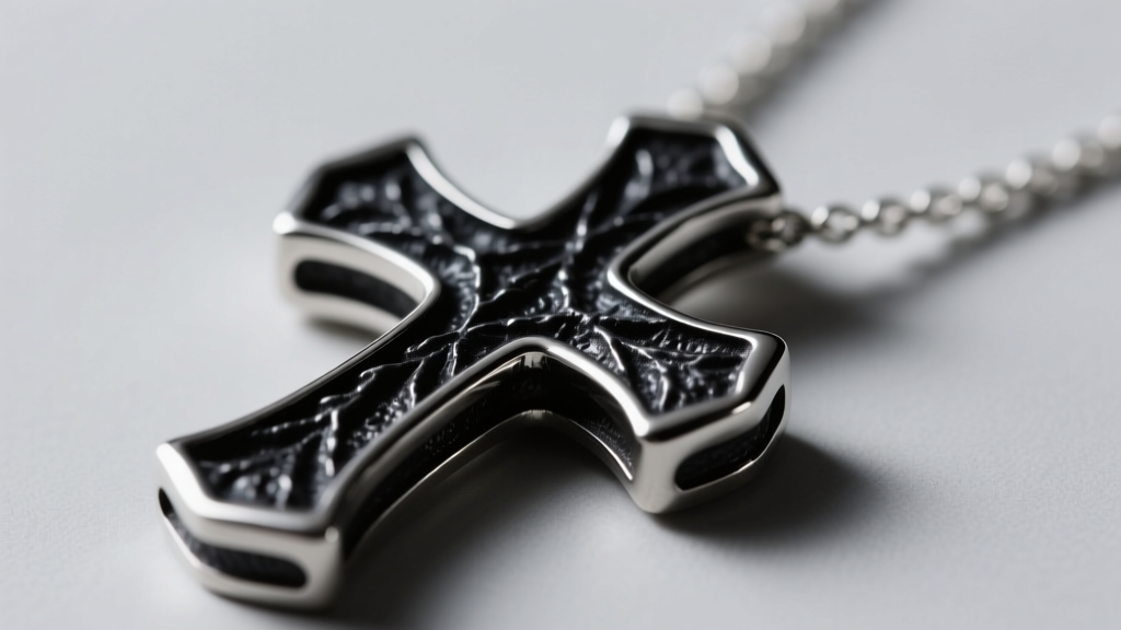 Macro shot of a black oxidized sterling silver cross necklace showing intricate dark patina in crevices and polished outer edges.