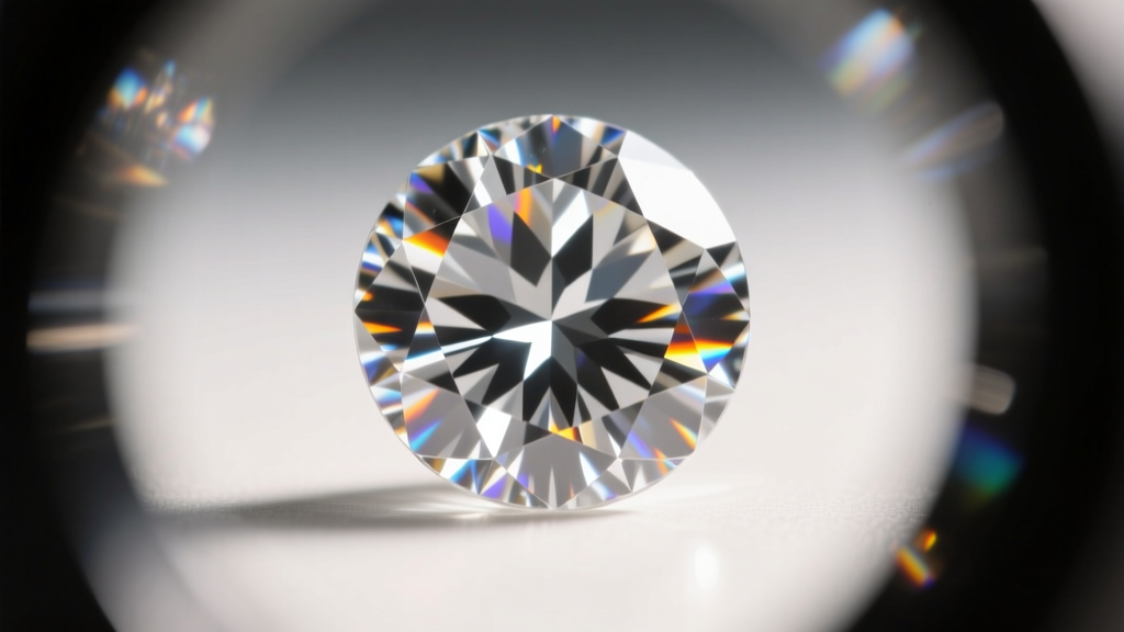 Extreme close-up of a 3.4mm round brilliant diamond showing ideal hearts and arrows symmetry under a specialized gemological scope