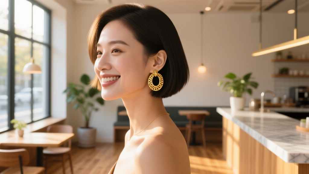 Portrait of a woman with a sleek bob wearing medium textured 14k gold hoop earrings, smiling in a sunlit modern cafe setting