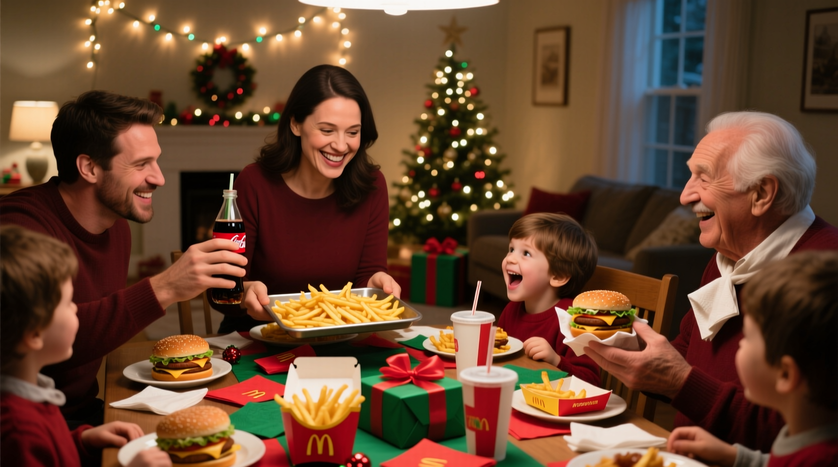 Family enjoying fast food meal on Christmas Day at home
