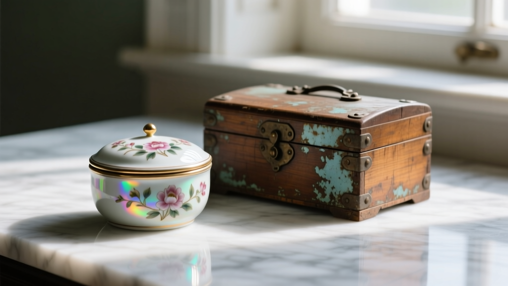 Antique porcelain trinket box beside a tarnished wooden jewelry chest on marble, emphasizing material texture and finish differences.