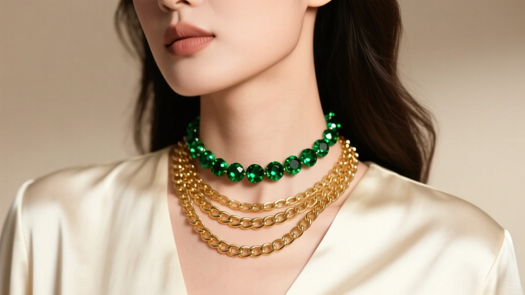 Close-up of a woman wearing a layered gold chain and a vibrant 6mm green crystal bead choker necklace over a cream silk blouse