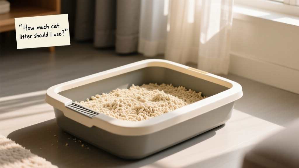 A clean, rectangular litter box filled with light-colored clumping litter at an even 2–3 inch depth