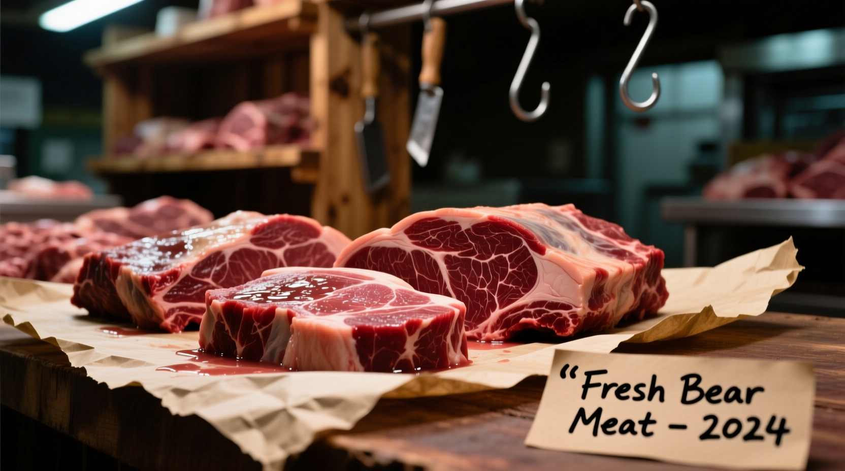 Fresh bear meat cuts displayed on butcher paper