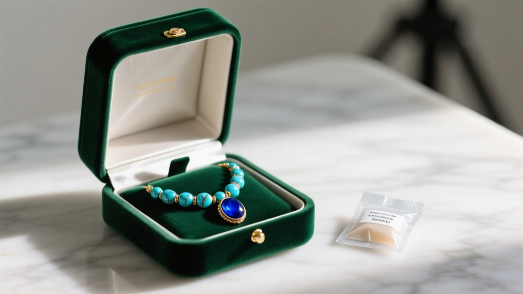 Velvet jewelry box holding a Tibetan turquoise necklace wrapped in anti-tarnish tissue, resting beside a small silica gel packet.