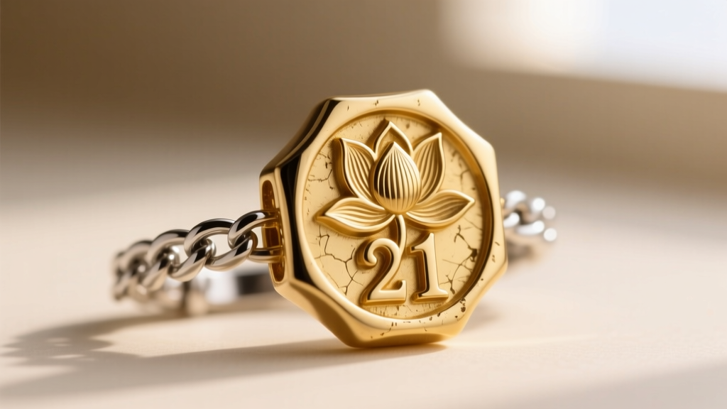 Macro shot of an Egyptian gold hallmark stamp showing a lotus flower and number 21, indicating purity on a jewelry chain clasp.