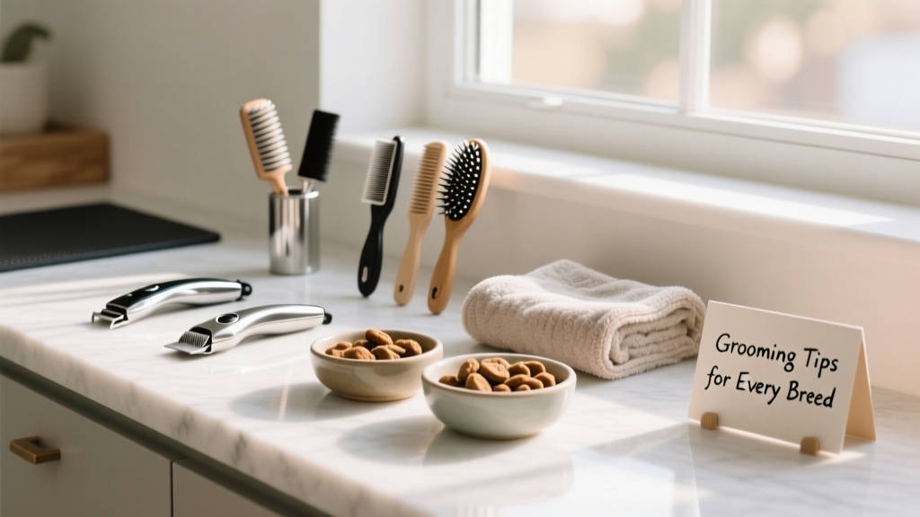 A well-organized grooming station with brushes, clippers, towels, and treats laid out on a clean countertop