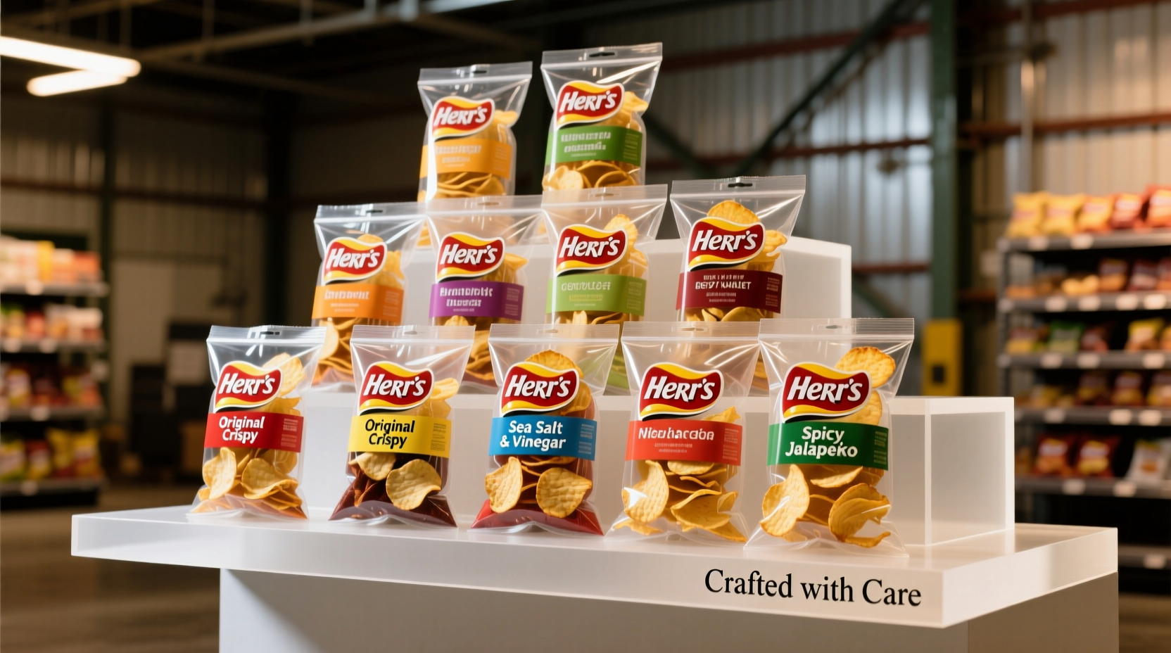 Herr's potato chips variety packaging display