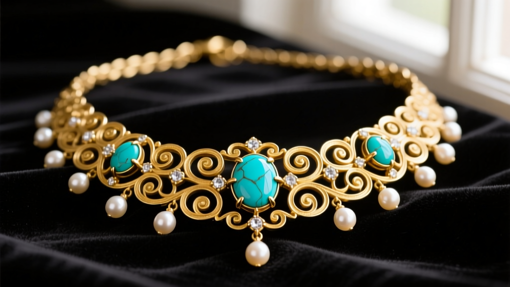 Close-up of an antique 15k yellow gold Victorian slide necklace with turquoise cabochons and seed pearls resting on dark velvet.
