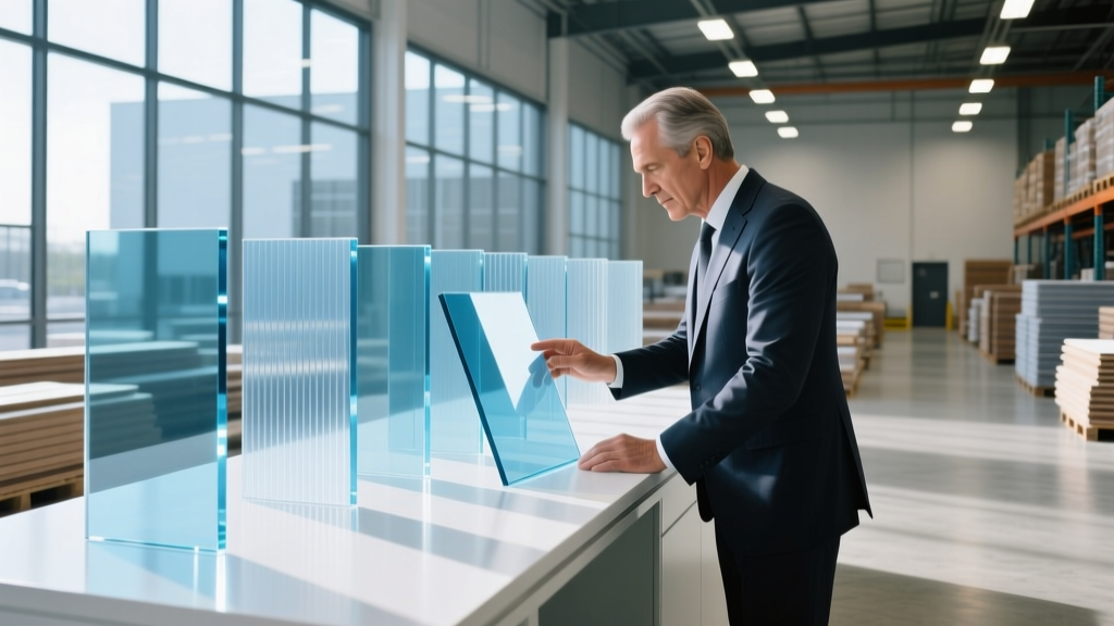 Architect reviewing 16mm multiwall polycarbonate glazing samples at a regional building supply distribution center with natural daylight filtering through