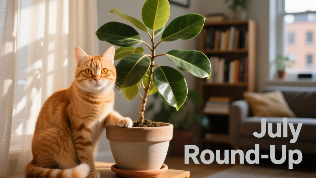 A relaxed ginger cat perched beside a potted plant, gazing calmly at the camera