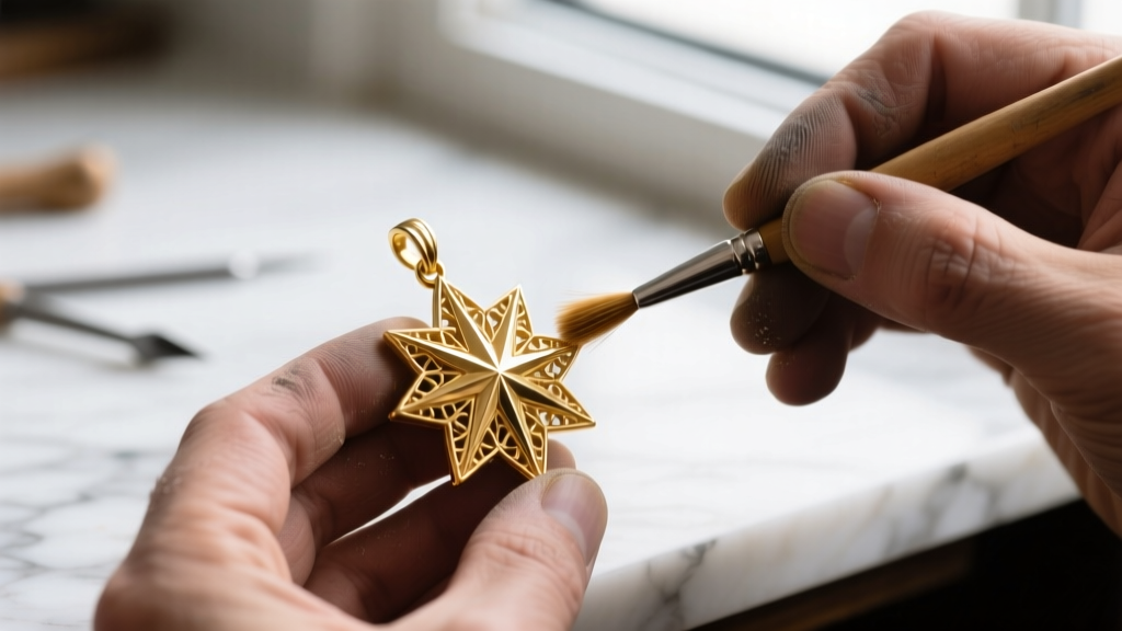 Macro photography of a jeweler using a soft-bristled brush to clean the intricate grooves of a vintage 18k gold starburst pendant.