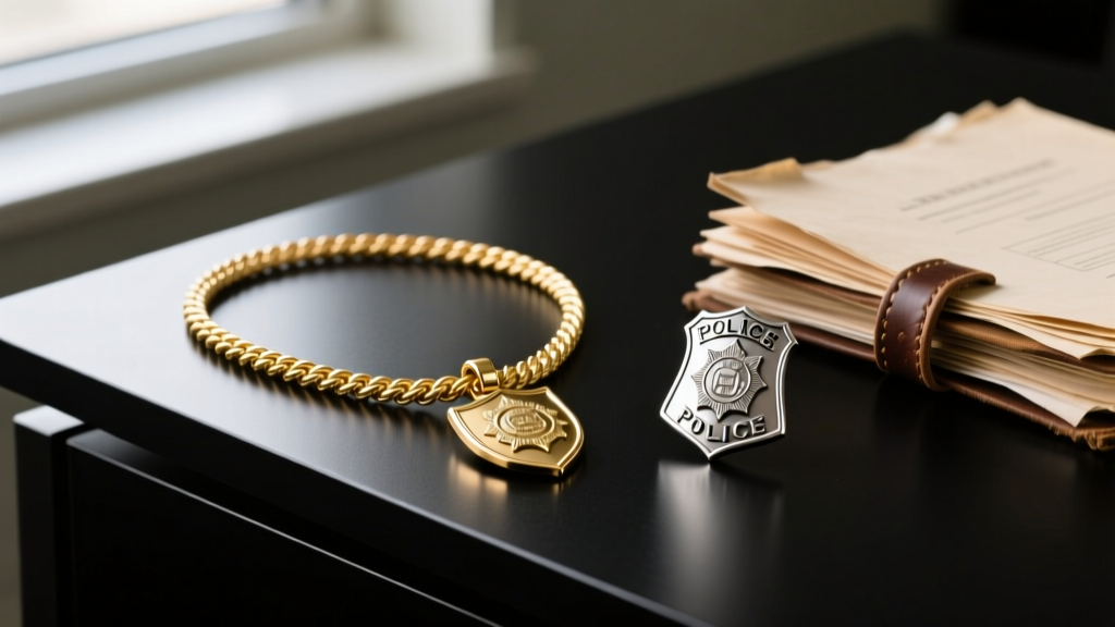 A 14k gold rope chain with a shield pendant resting on a dark desk beside a silver police badge and case files.