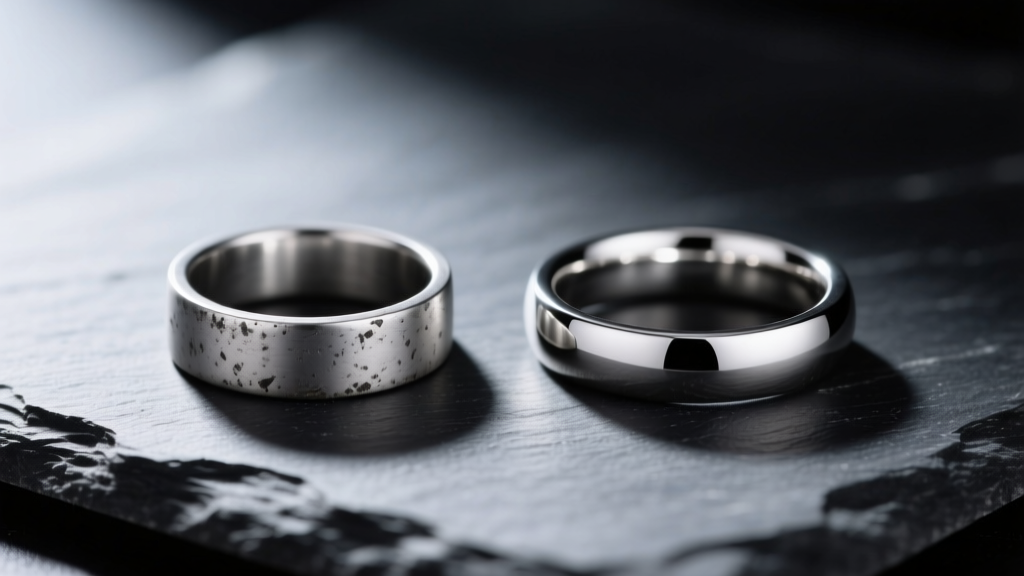 Side-by-side view of a matte oxidized silver ring and a high-polish sterling band on dark slate with soft directional lighting.