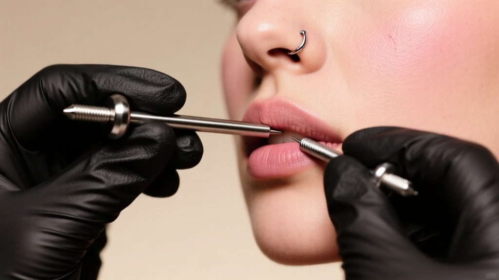 Gloved hands using a steel taper to guide a titanium barbell through a healed nipple piercing under soft, warm studio lighting