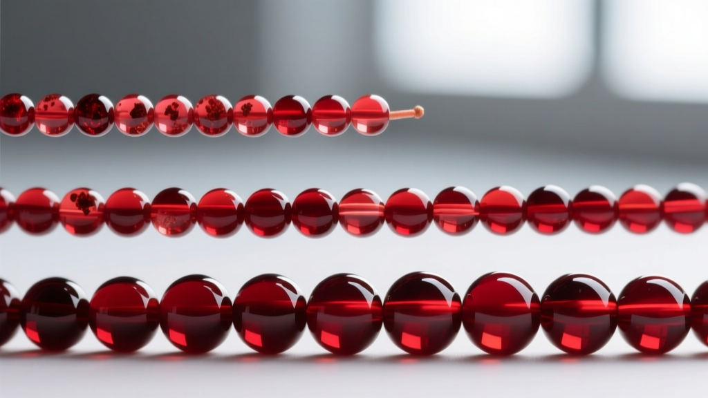 Macro shot of three garnet bead strands: 4mm A-grade with inclusions, 6mm AA-grade, and 10mm AAA-grade showing vivid red clarity.