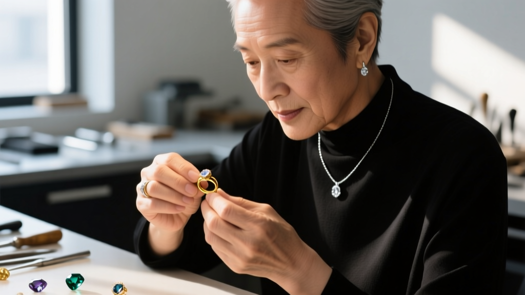 Close-up of a jeweller's loupe inspecting the 925 hallmark on a sterling silver earring post next to an anti-tarnish strip.