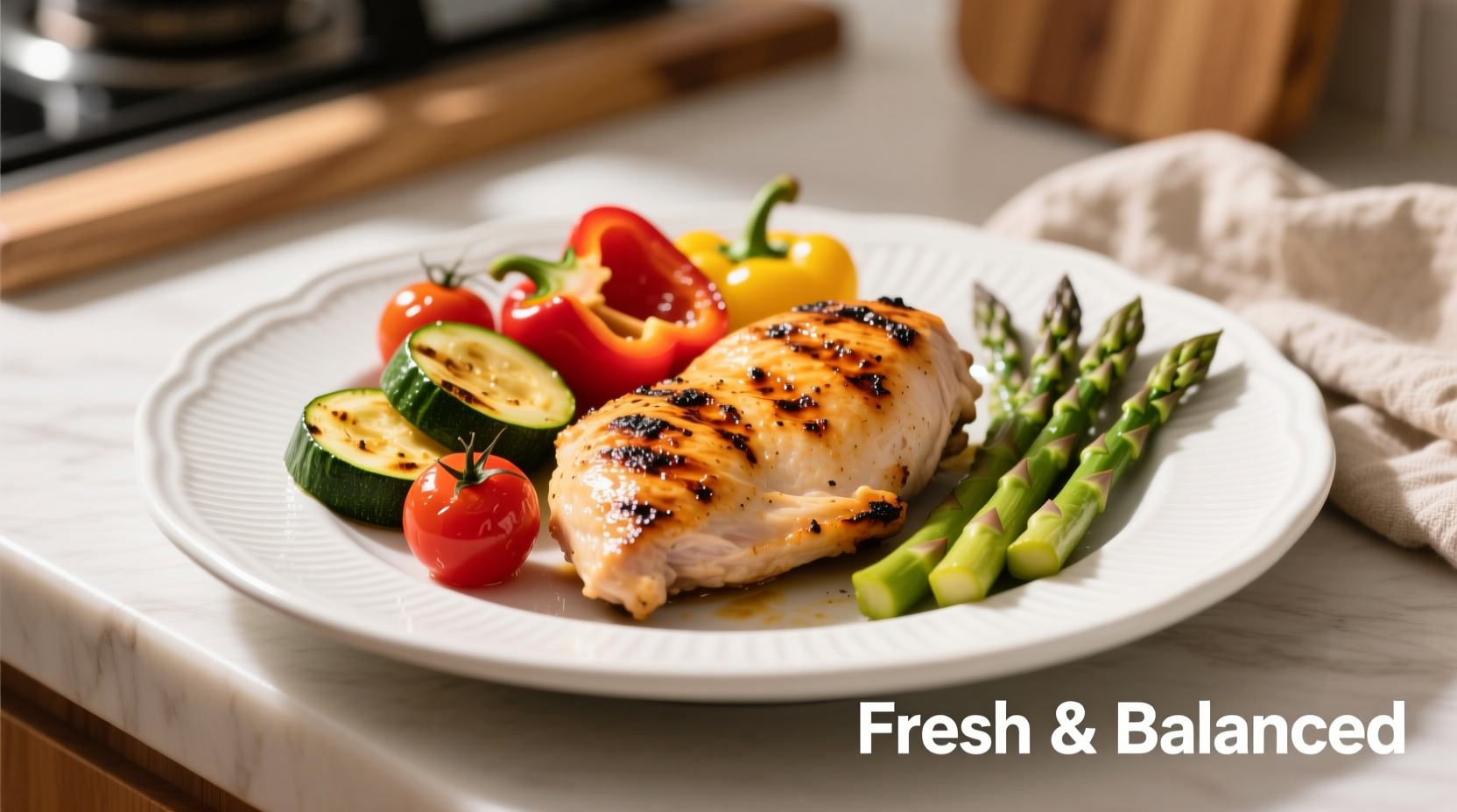 Healthy plate with grilled chicken and vegetables