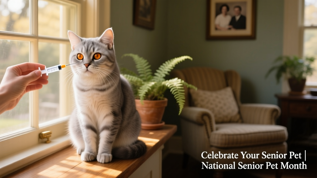 Samson, an elegant 18-year-old cat, sitting calmly while receiving gentle medication support