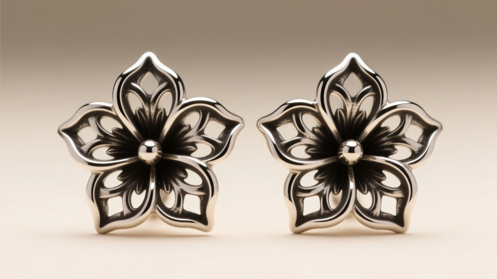 Sterling silver clove flower earrings with dark oxidation in deep petal crevices, photographed under soft, warm studio lighting.