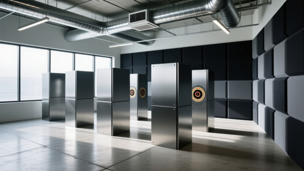 Commercial indoor shooting range construction showing AR500 steel bullet traps, negative pressure HVAC ducting, and acoustic baffling
