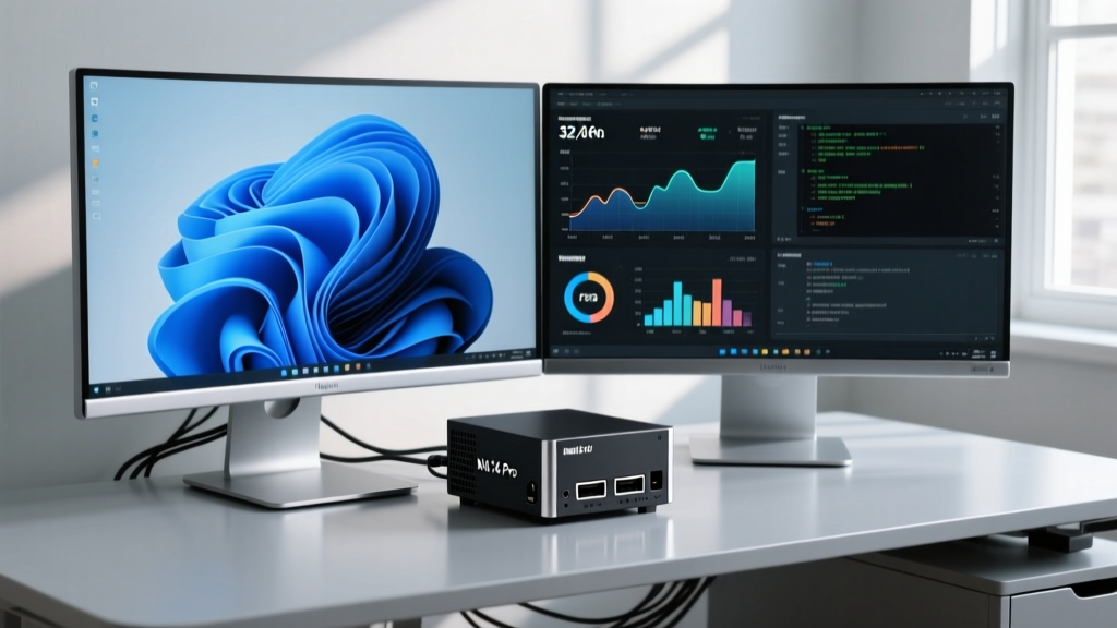Dual monitors displaying Windows 11 metrics and terminal windows, powered by an Intel NUC 14 Pro compact desktop tucked behind the display.