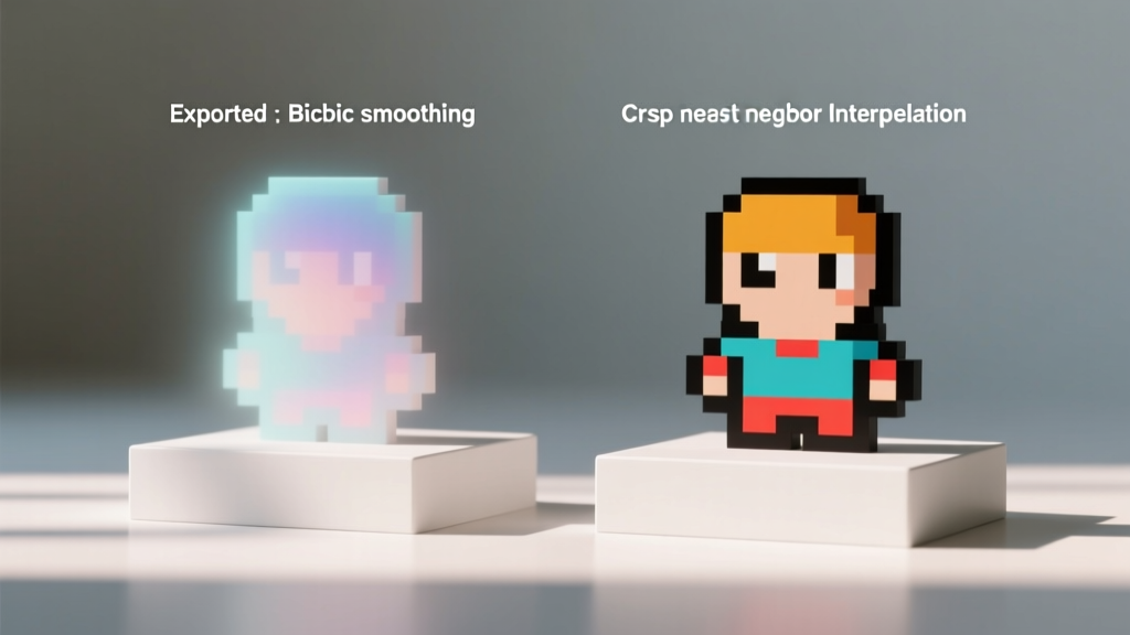 Comparison of a pixel art sprite exported with bicubic smoothing versus crisp nearest neighbor hard edges