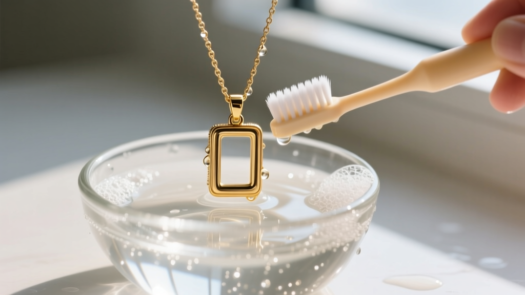 Hands gently brushing a gold rectangle pendant necklace with an ultra-soft baby toothbrush in a small glass bowl of soapy water.