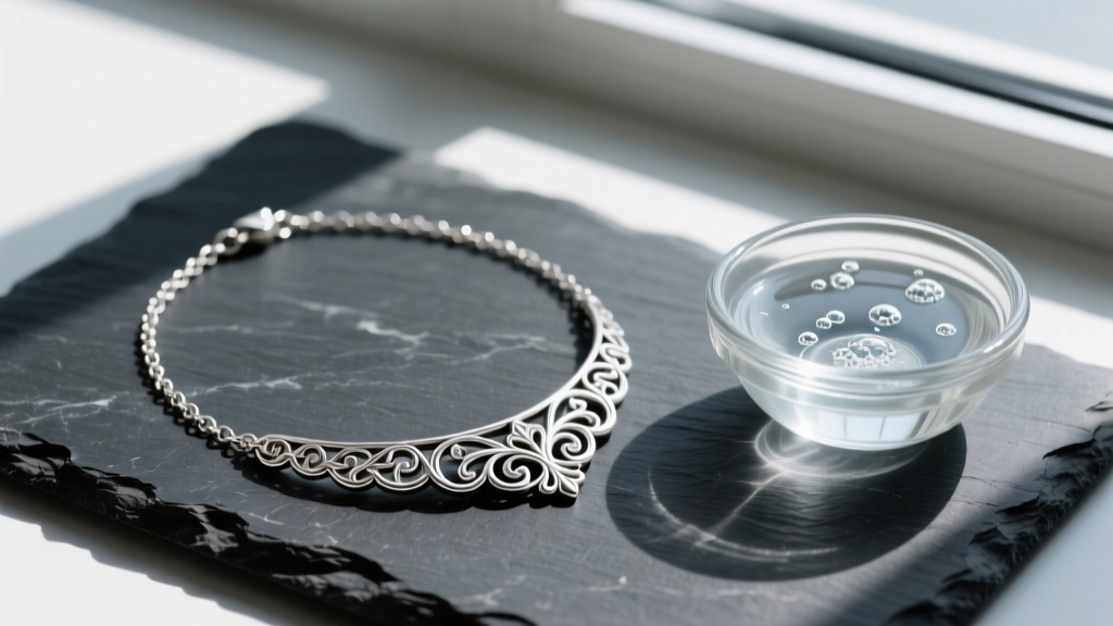 Overhead shot of a sterling silver necklace on dark slate next to a small glass bowl of commercial liquid tarnish remover solution
