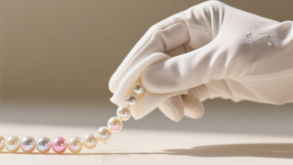Hands in white cotton gloves gently wiping a strand of cream-colored South Sea pearls with a damp, lint-free microfiber cloth.