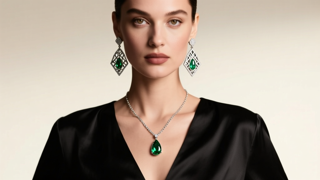 Woman wearing platinum Art Deco emerald drop earrings styled with a deep V-neck black silk blouse against a soft studio backdrop.