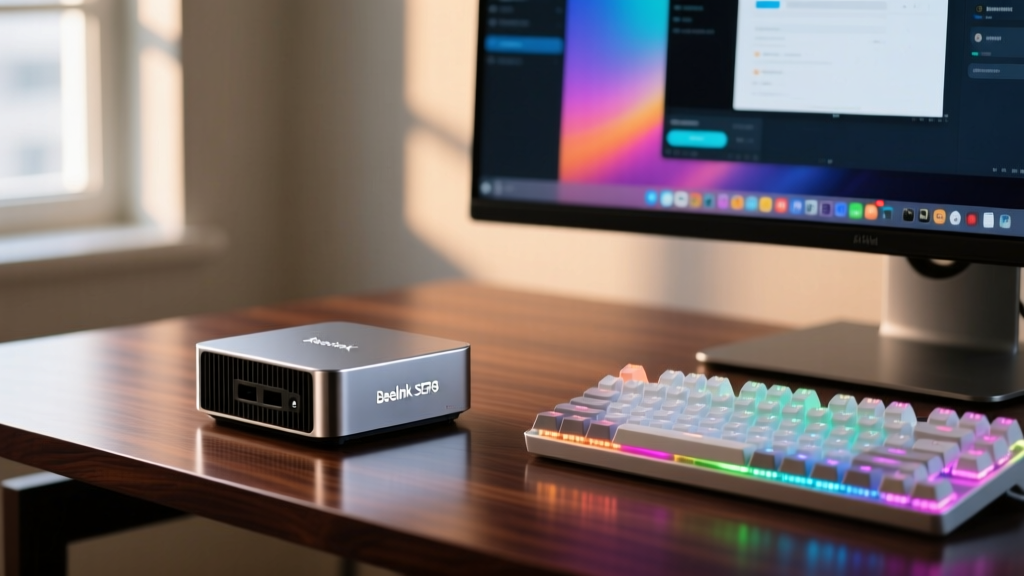Close-up of a sleek metallic Beelink SER8 mini PC sitting on a dark walnut desk next to a mechanical keyboard and ultrawide monitor