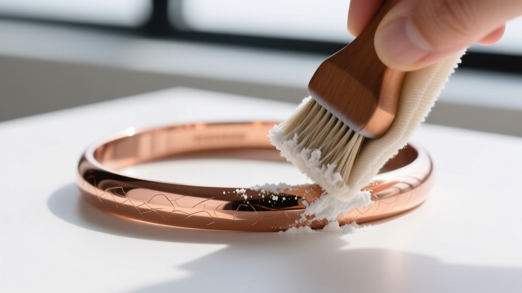Macro shot of a 10-gauge pure copper bangle bracelet being buffed with a soft microfiber cloth and white polishing compound.