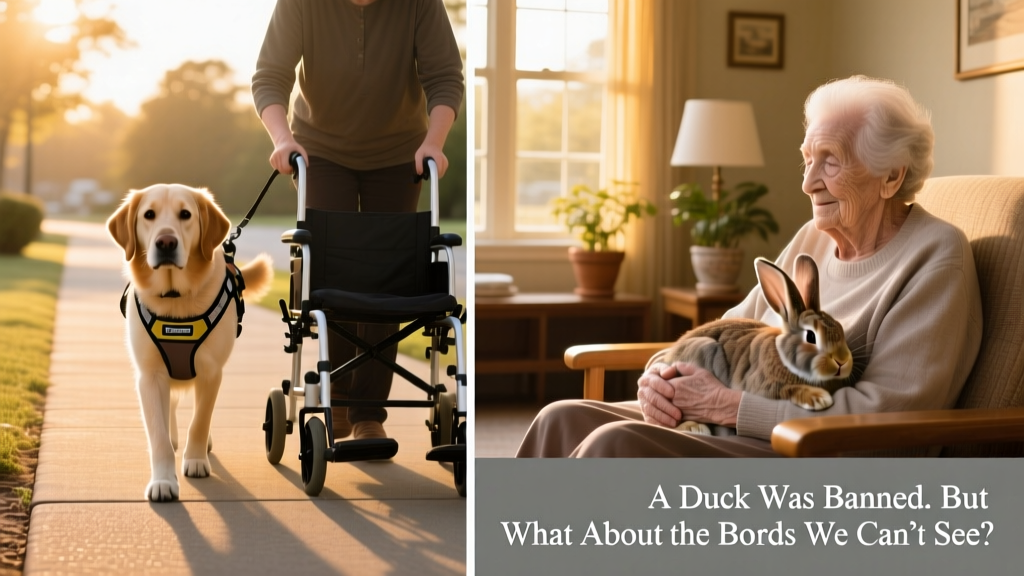 Side-by-side comparison graphic: left shows a service dog assisting a person with mobility challenges; right shows a calm rabbit being gently held by a senior resident in a sunlit memory care lounge