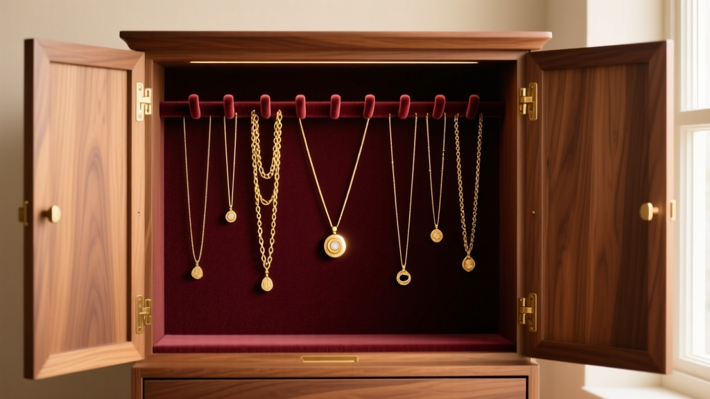 Open premium wooden jewelry armoire with tarnish-resistant flannel lining displaying delicate gold necklaces hanging safely