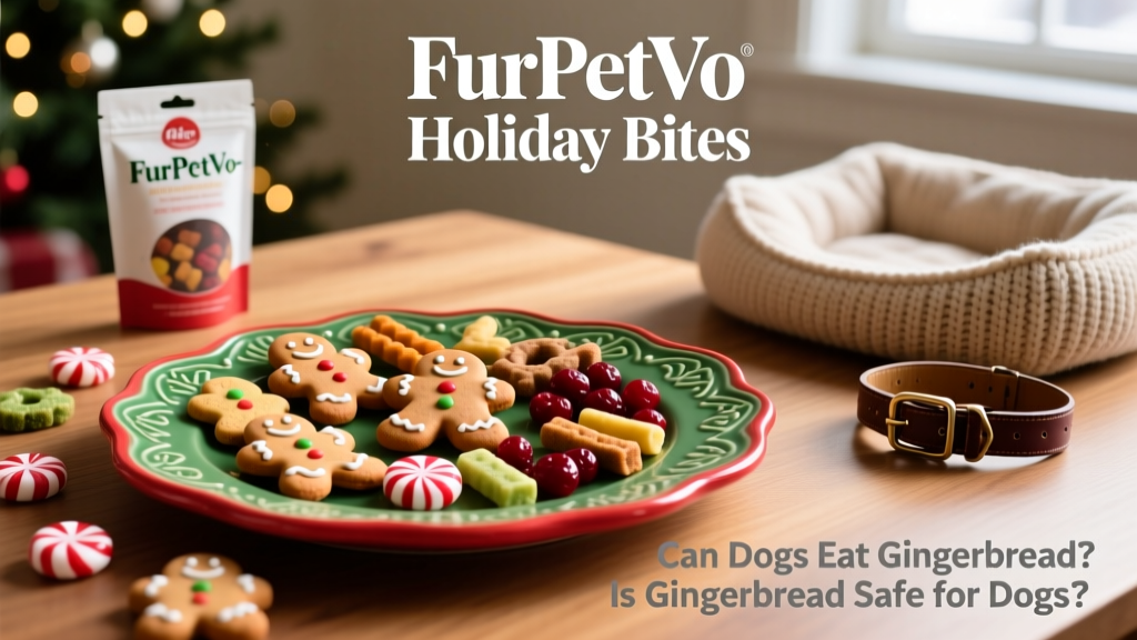 Assortment of colorful, holiday-themed dog treats laid out on a festive red-and-green platter—FurPetVo-branded packaging visible in background