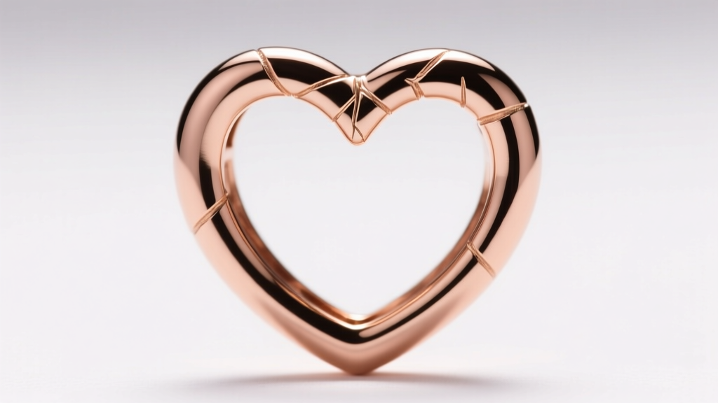 Close-up of a rose gold heart hoop earring showing microscopic stress lines near the top cleft, captured under studio lighting