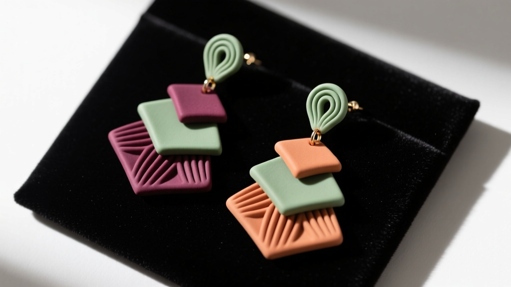 Top-down view of matte polymer clay tiered cake dangle earrings with carved piping details, displayed on a dark velvet pad