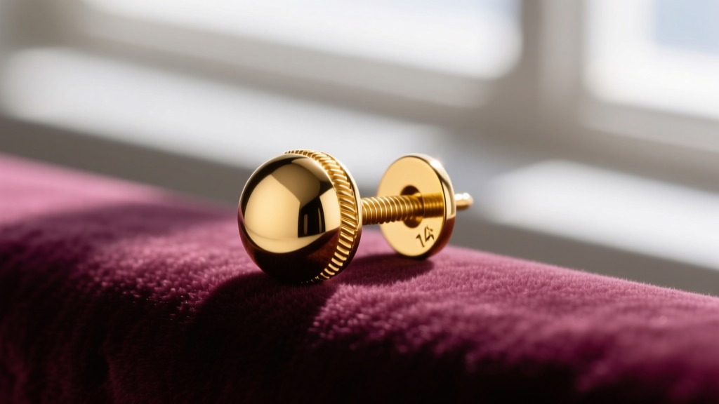 Macro shot of a 14k yellow gold spherical screw back earring resting on velvet, highlighting the threaded post and round clasp.
