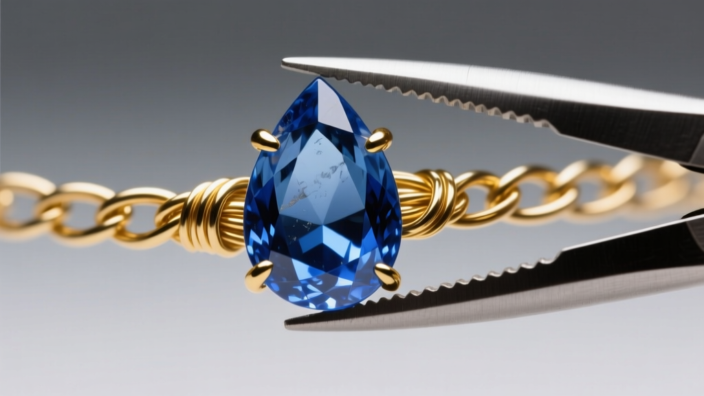 Macro shot of 20-gauge gold-filled wire tightly woven around a raw blue kyanite teardrop gemstone using steel chainnose pliers