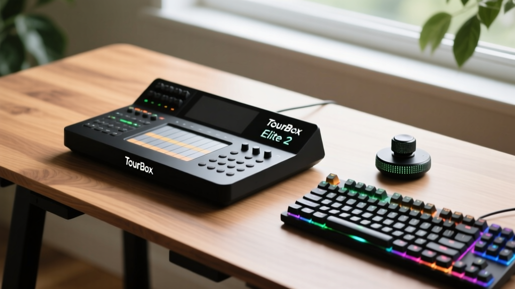 Overhead view of TourBox Elite 2 wireless editing console with haptic dial next to a mechanical keyboard on a minimalist oak standing desk