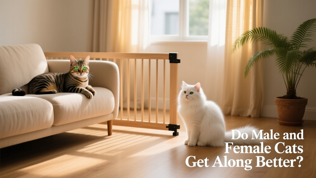 A calm, supervised introduction session: one cat on a sofa, the other on the floor, with a soft barrier like a baby gate between them