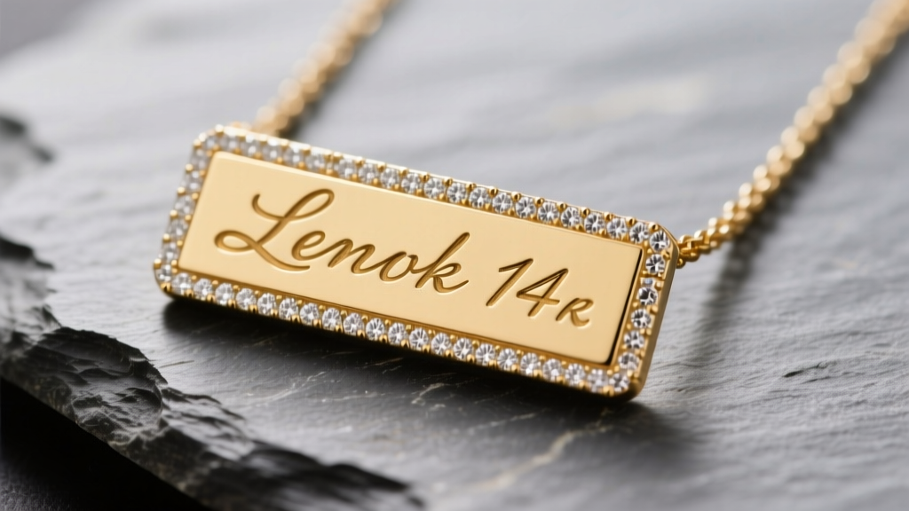 Close-up of a 14k gold nameplate necklace on slate, highlighting cursive script and diamond-cut bevel edges under soft light.