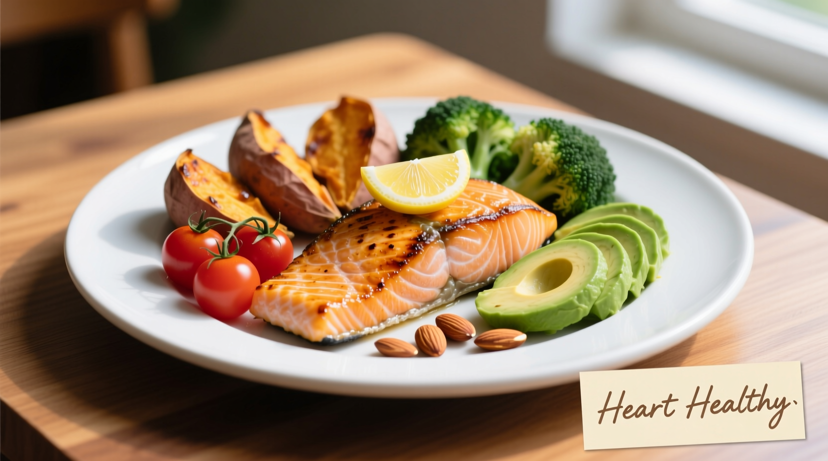 Colorful plate of heart healthy foods including salmon and vegetables