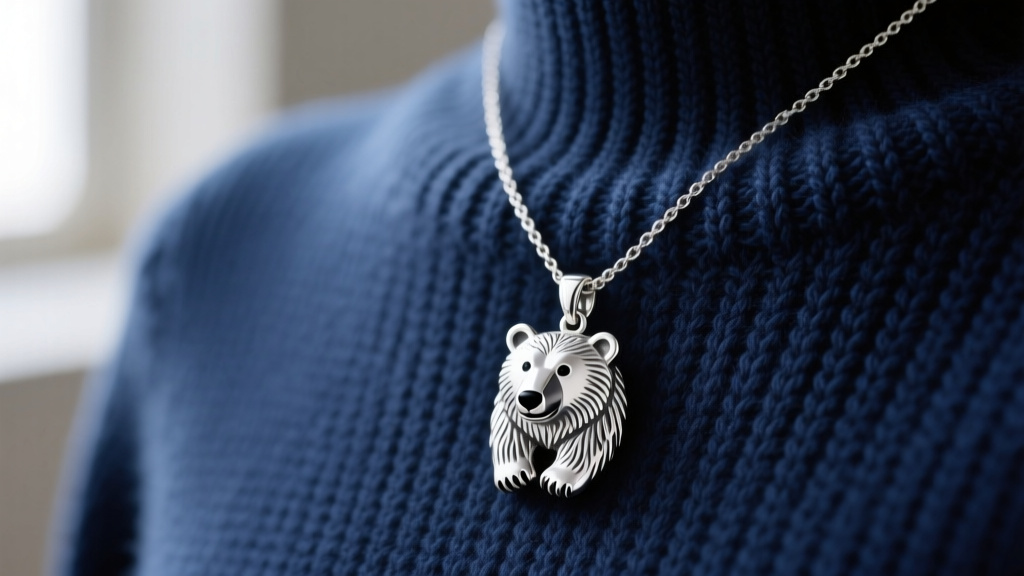 925 sterling silver polar bear pendant necklace resting on a textured navy blue knit sweater under soft, natural window lighting.