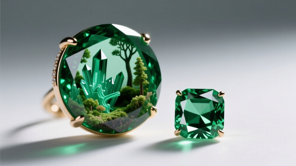 Macro shot showing internal jardin inclusions of a natural emerald green color earring beside a flawless green cubic zirconia.