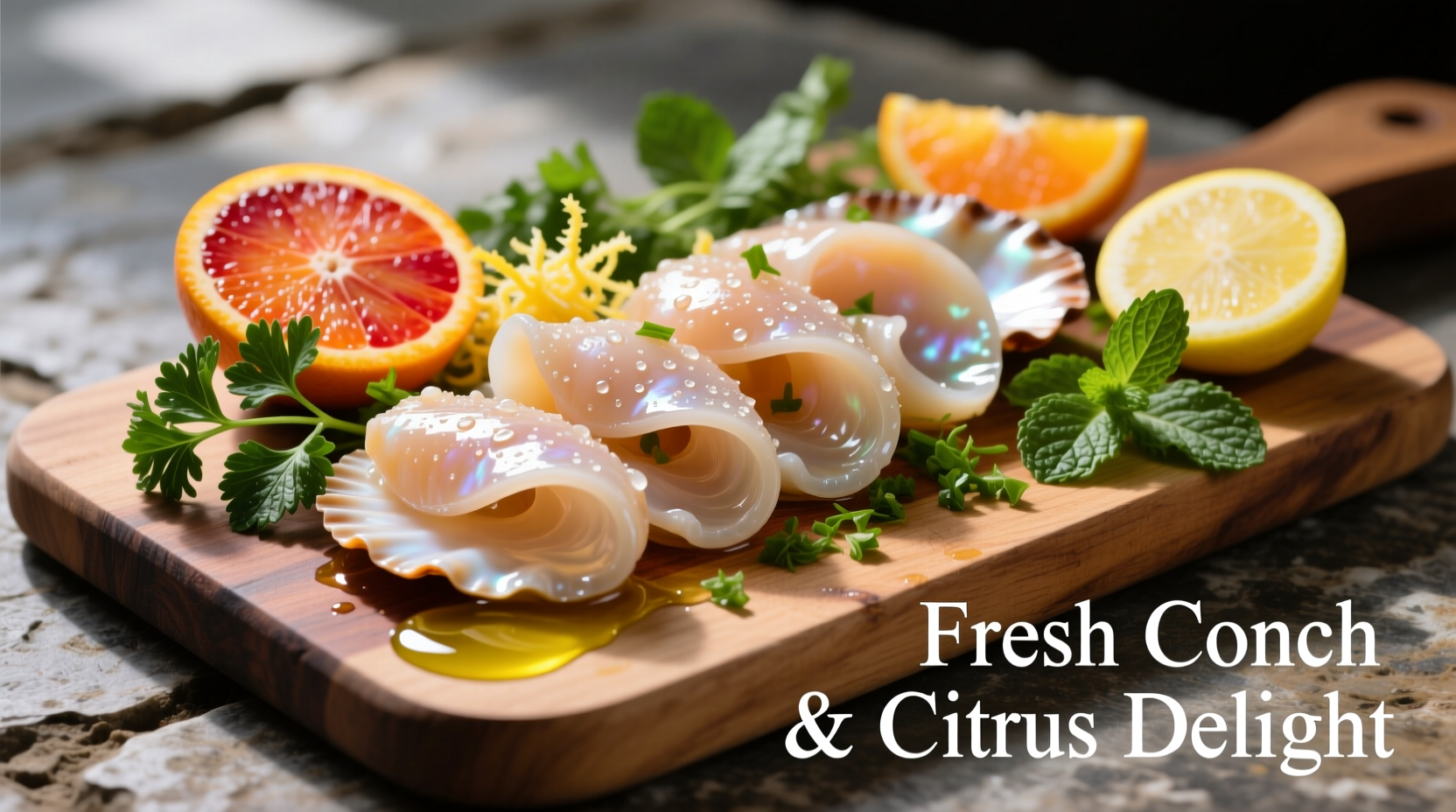 Fresh conch meat on a cutting board with citrus and herbs