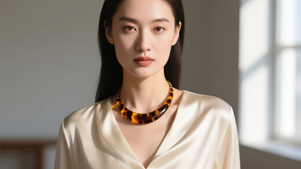 Close-up of a woman wearing an 18-inch tortoise acetate pendant necklace over a cream silk blouse in soft natural window lighting.