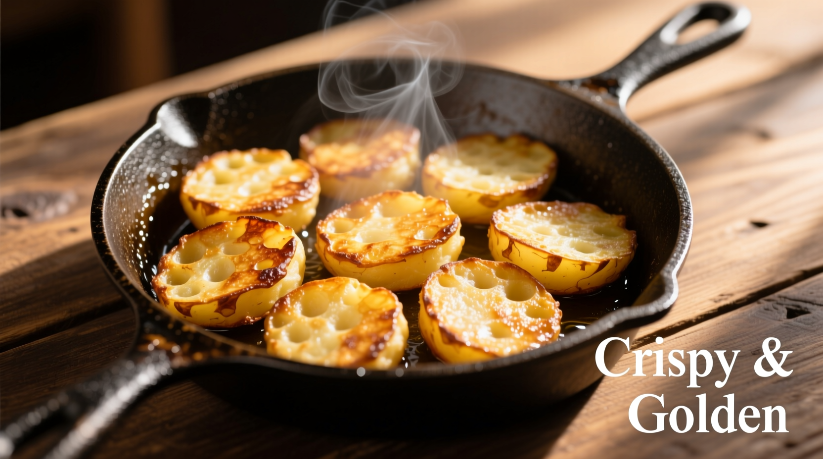 Perfectly golden crispy hash browns in cast iron skillet